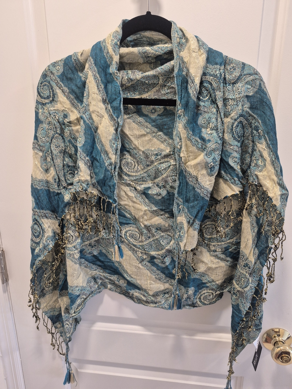 Teal and Cream Paisley Fringe Scarf